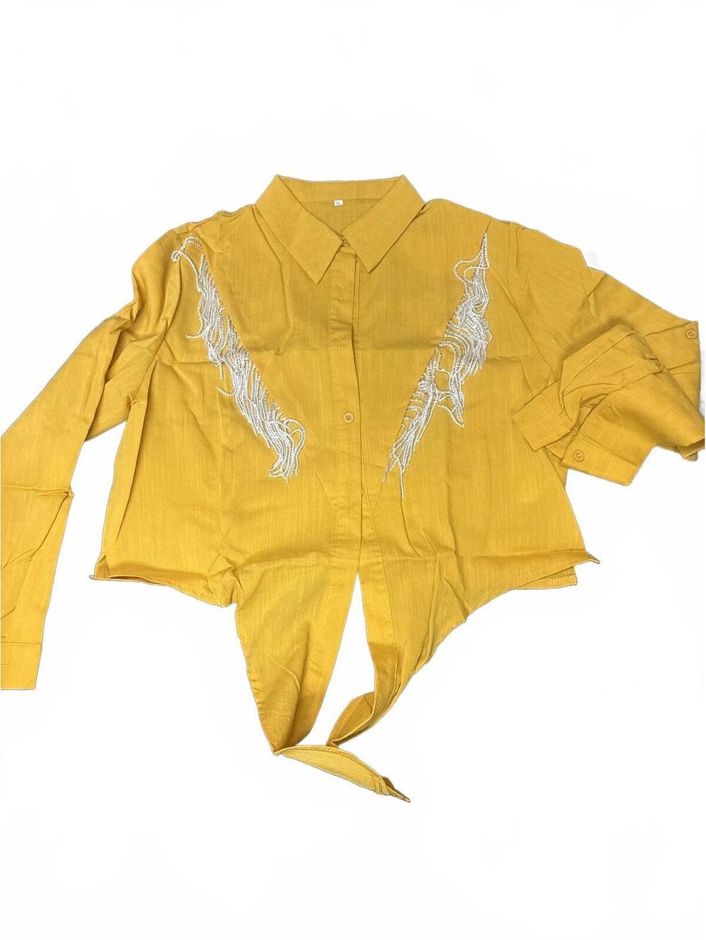 Yellow Button Up Shirt Rhinestone Fringe Western Tie Front Blouse XL
